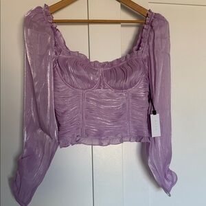Ash Lilac Sheer Long-Sleeve Ruched Crop Top ASTR SIZE L